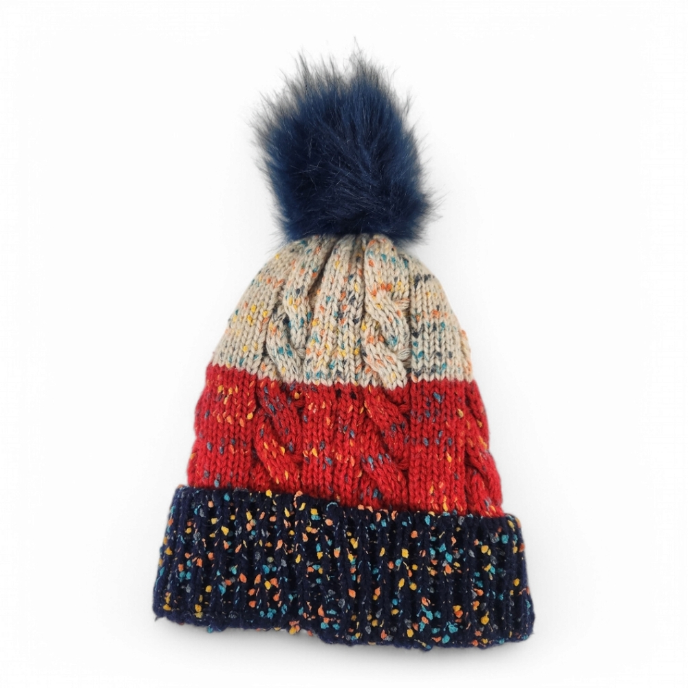 Angela & William Colorblocked Pom Pom Beanie Sherpa Lined Variegated Speckled OS